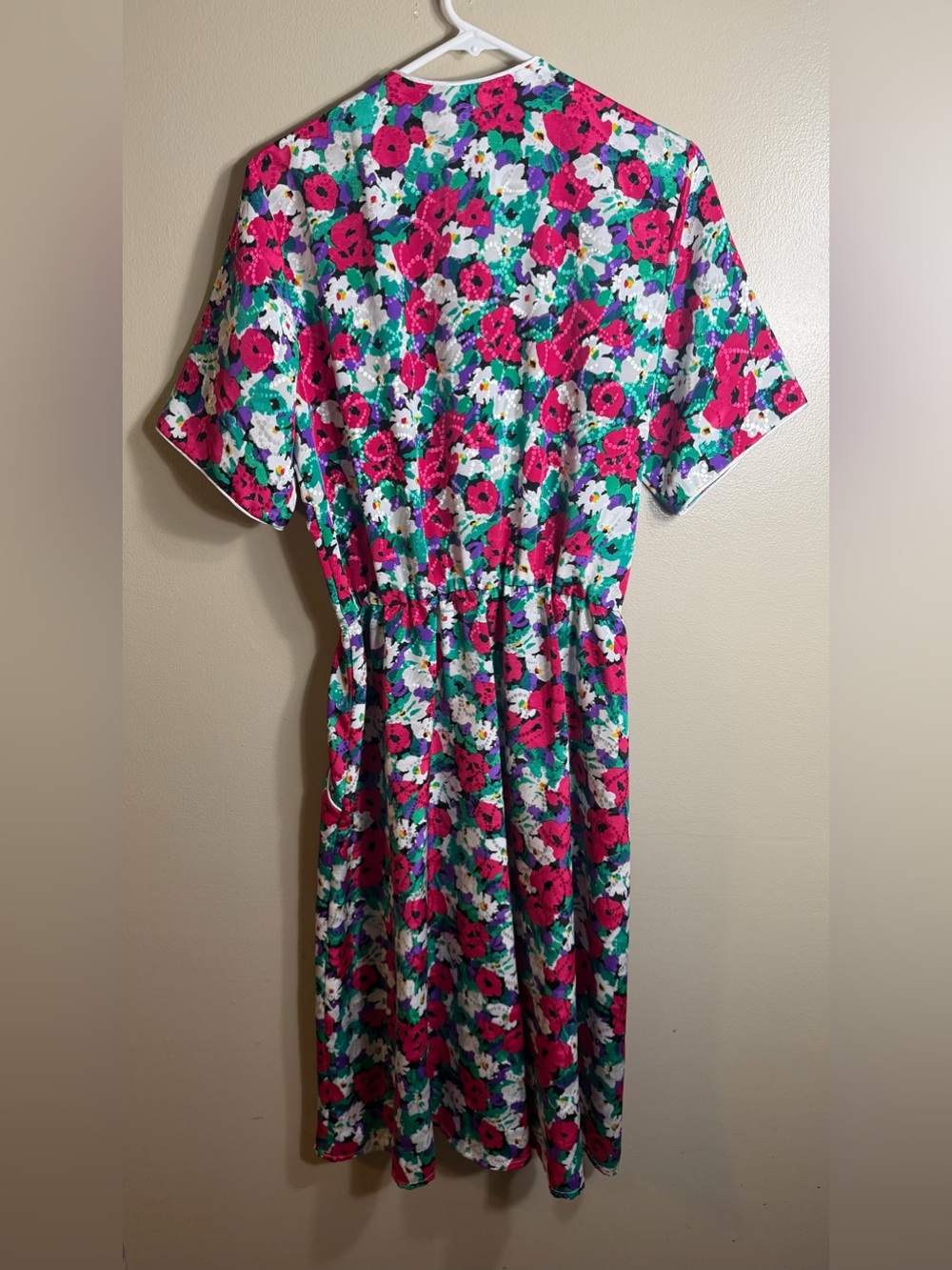 Vintage Appleseed's Floral Midi Dress 16P Pink Teal Rose Buttons Pockets - Picture 7 of 7
